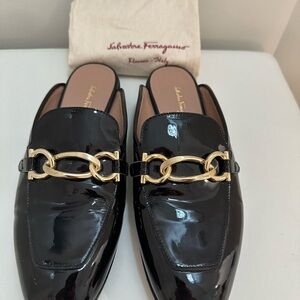 Salvatore Ferragamo Black Patent Leather Mules with Gold Chain